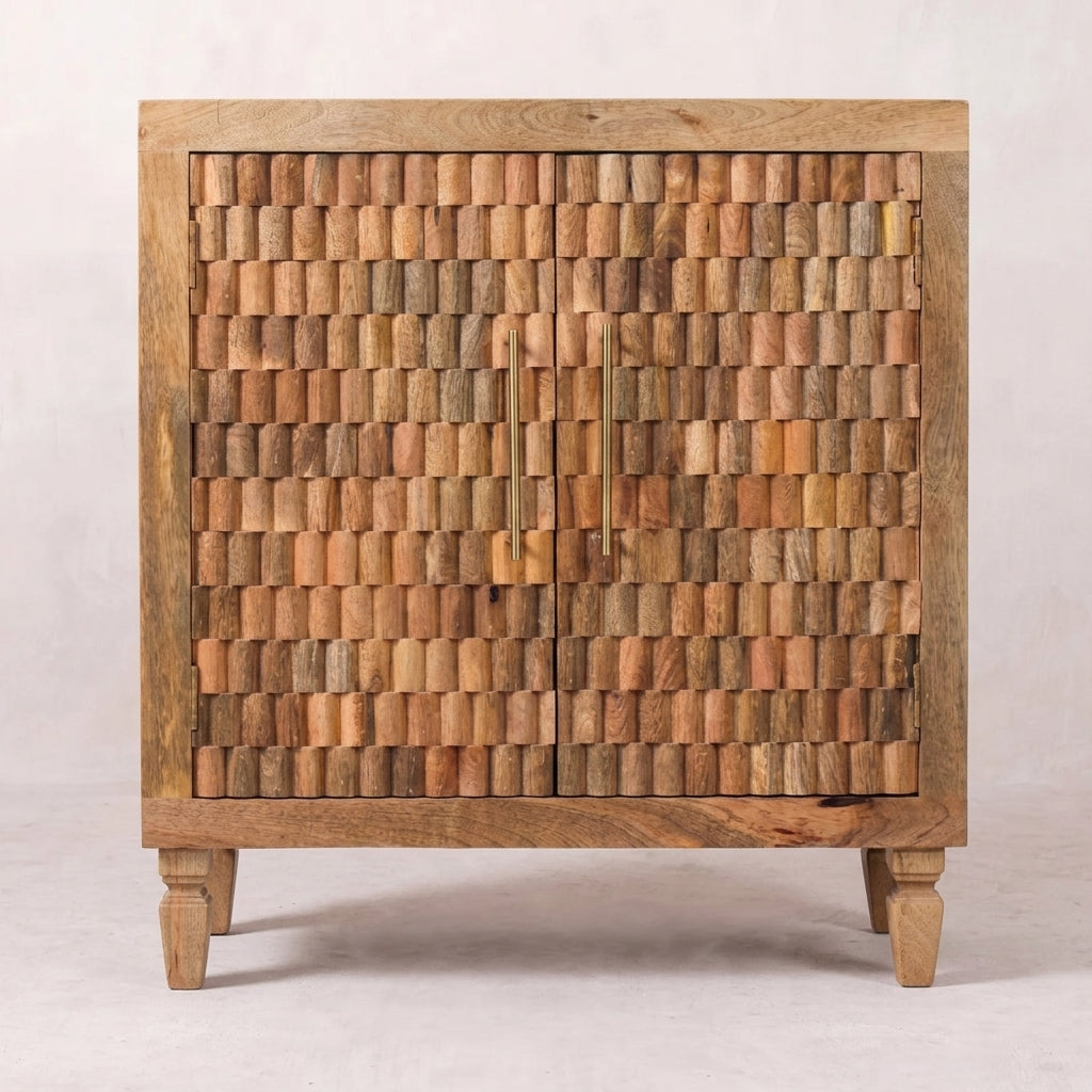 Solid Wood Golden Teak Carved Block Cabinet
