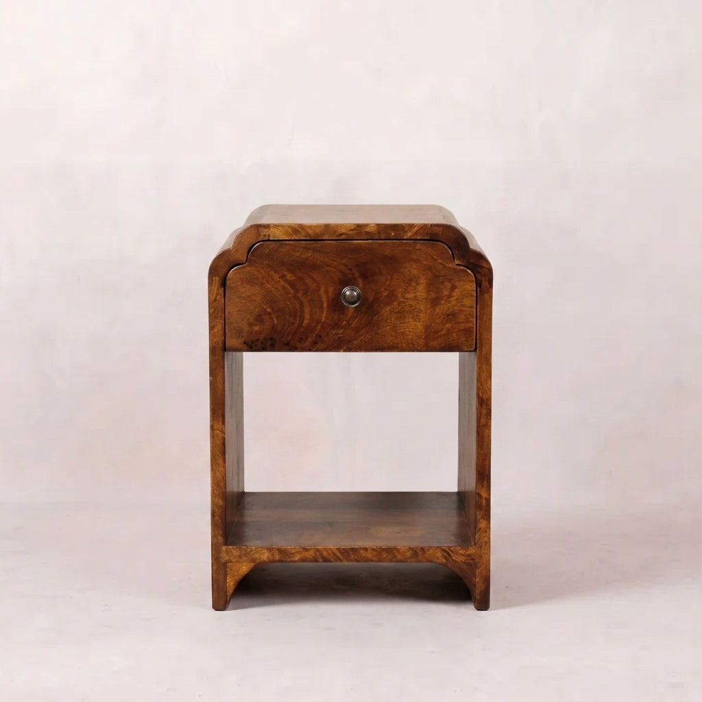 Solid Wood Mini Chestnut Nightstand with a drawer and open shelf