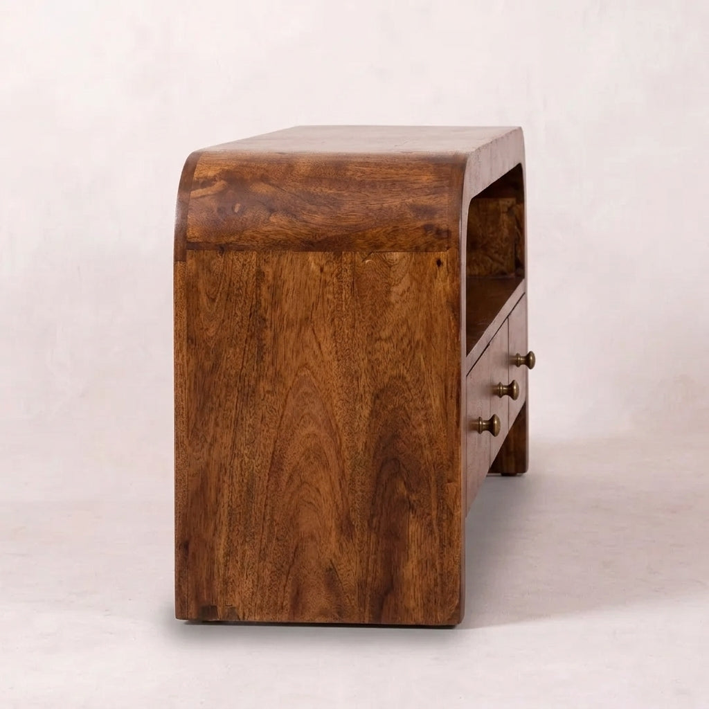 Solid Wood 3 drawer Open Shelf Chestnut Media unit