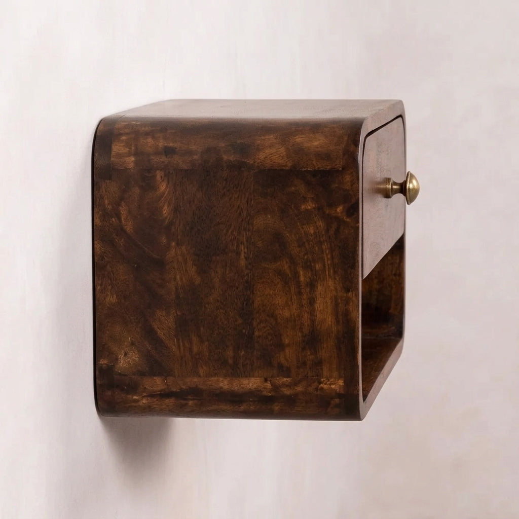 Mini Curved California Walnut Wall Mounted Bedside with Open Slot