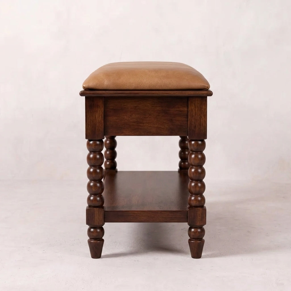 Solid Wood Winewood Oak Leather Bench