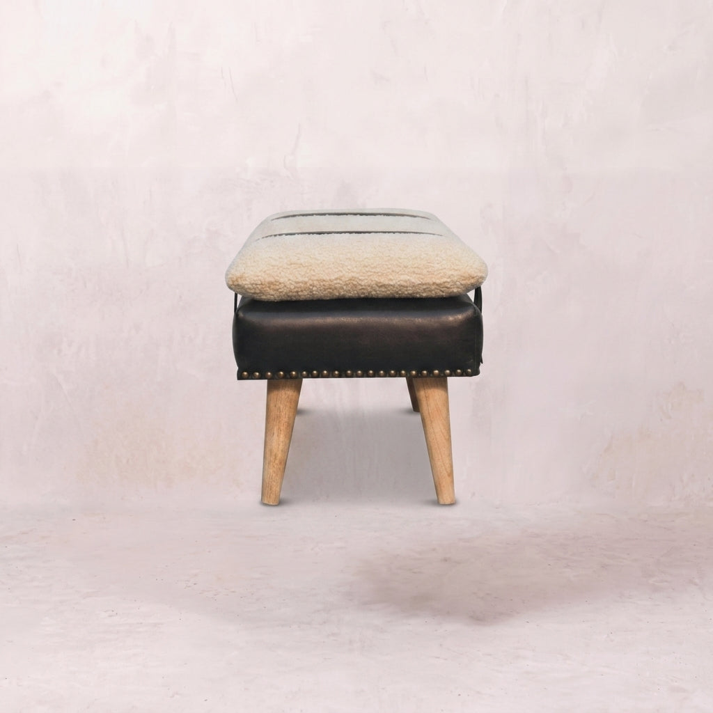Bouclé Buffalo Hide Black Leather Bench