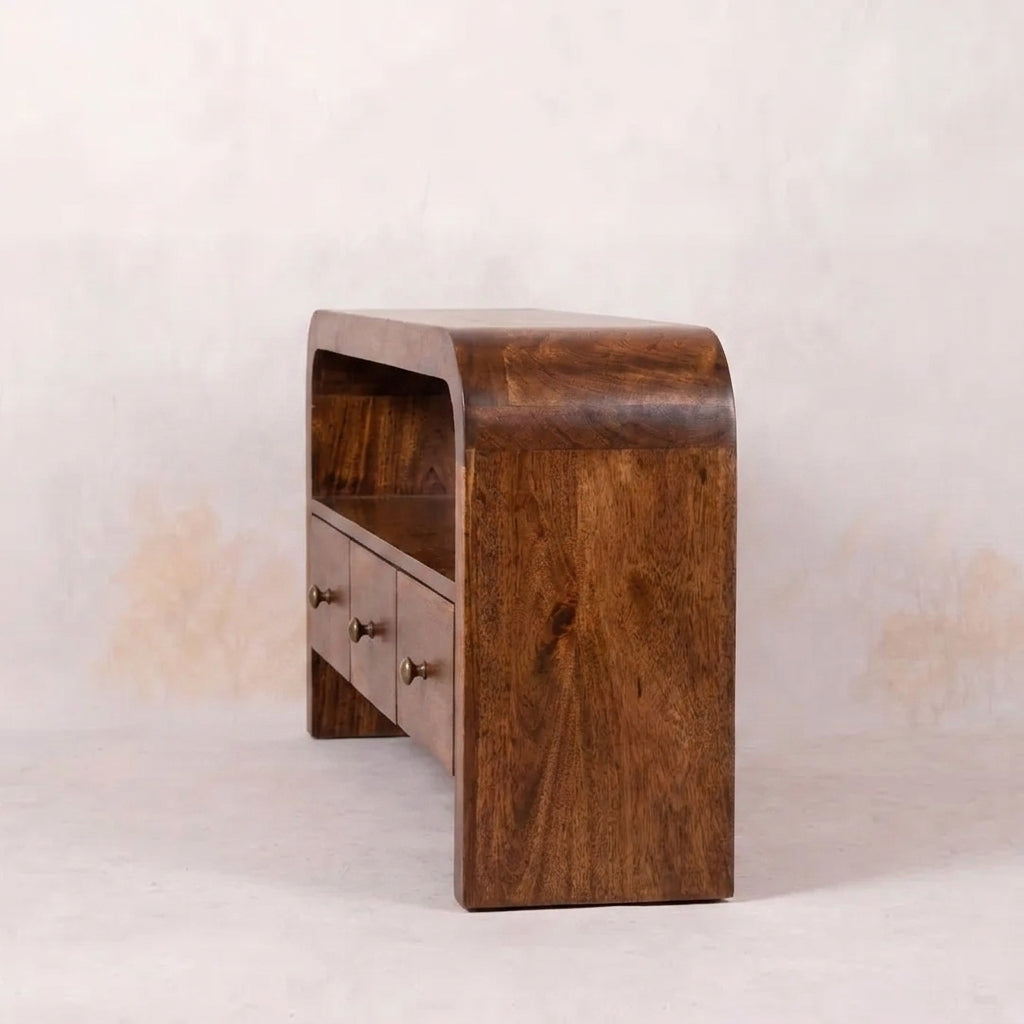 Solid Wood 3 drawer Open Shelf Chestnut Media unit