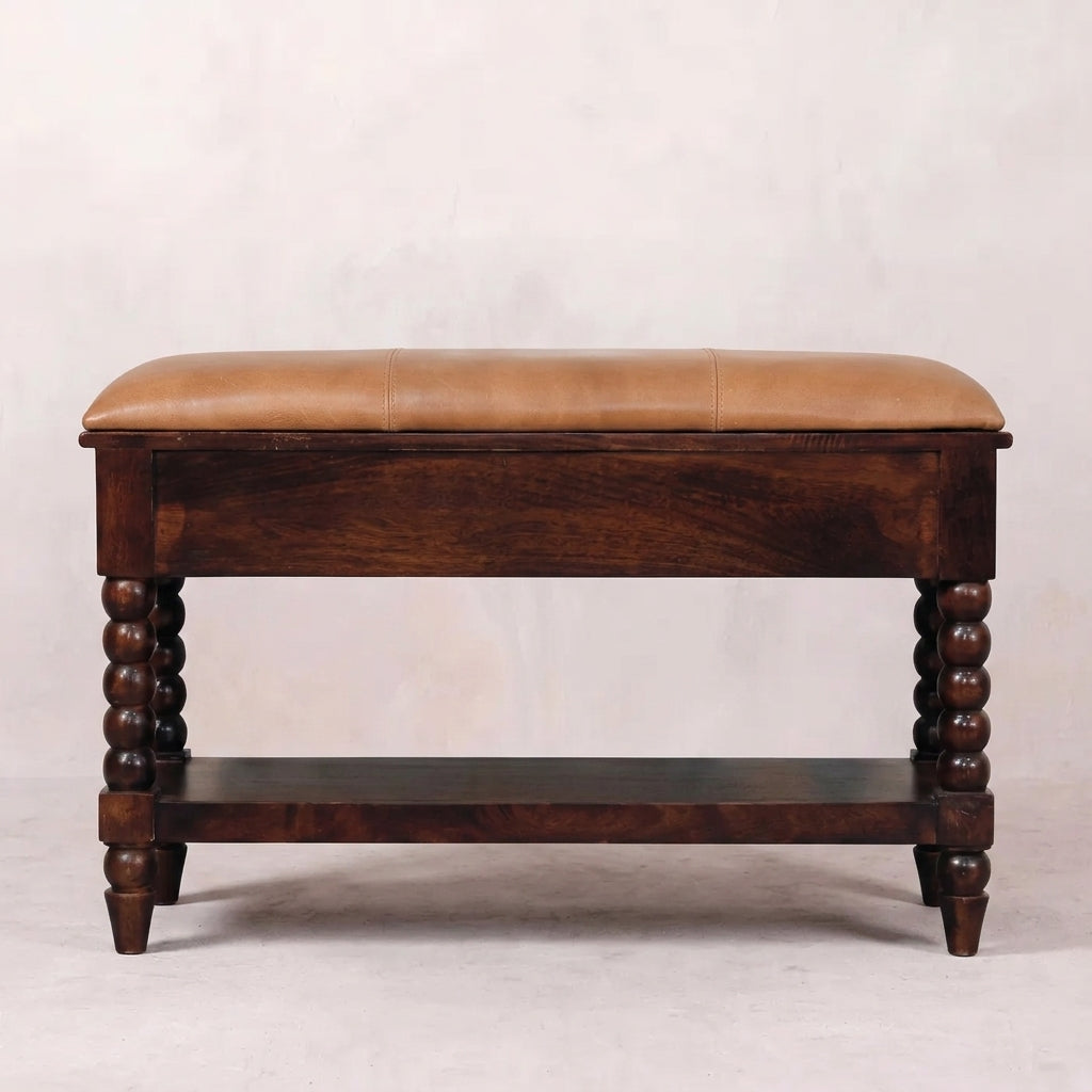 Solid Wood Winewood Oak Leather Bench