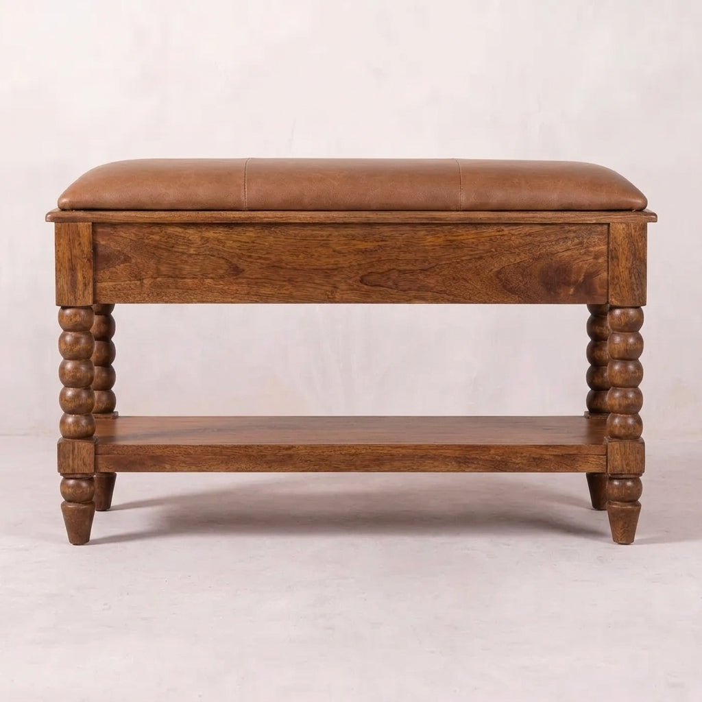 Solid Wood Amber Oak Leather Bench