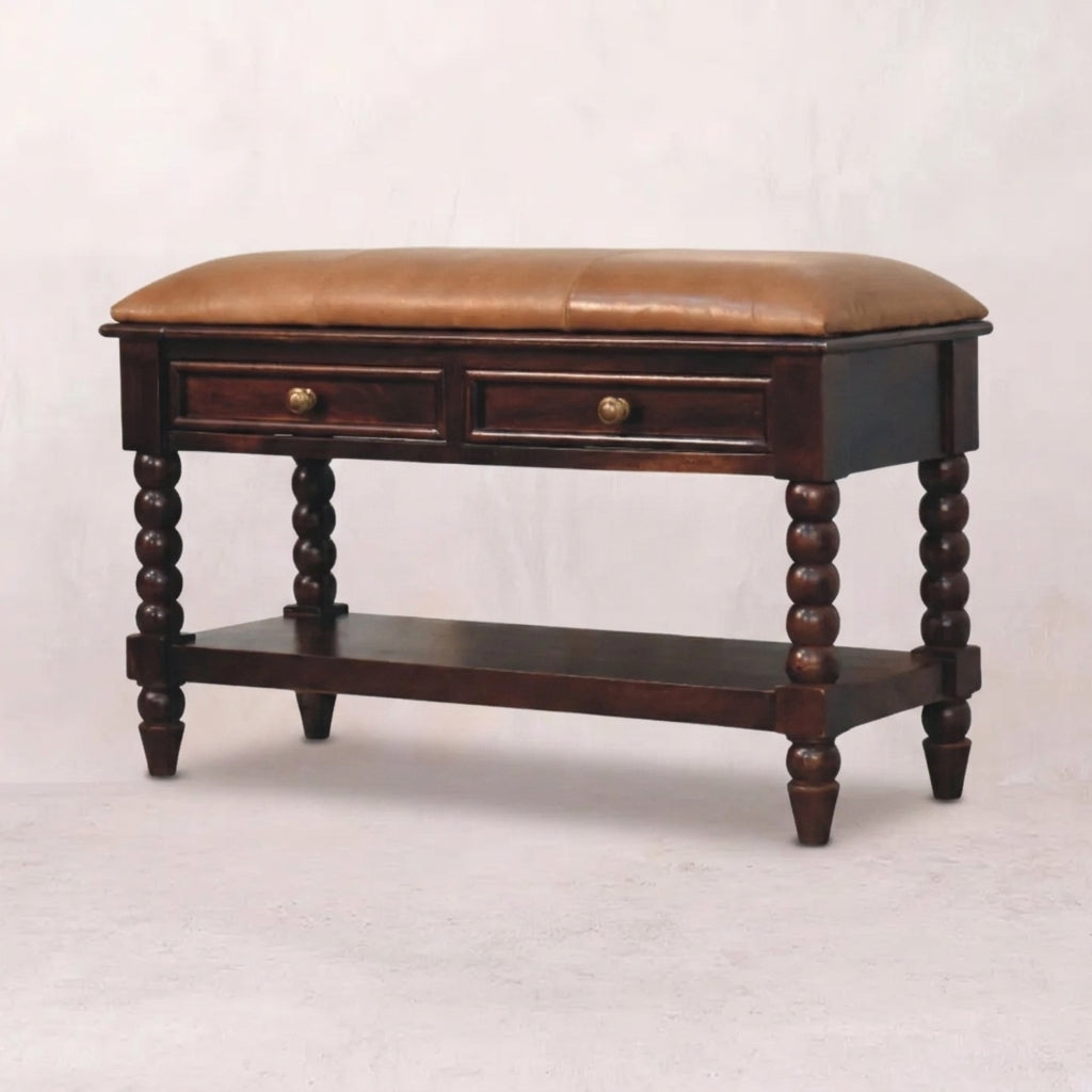 Solid Wood Winewood Oak Leather Bench