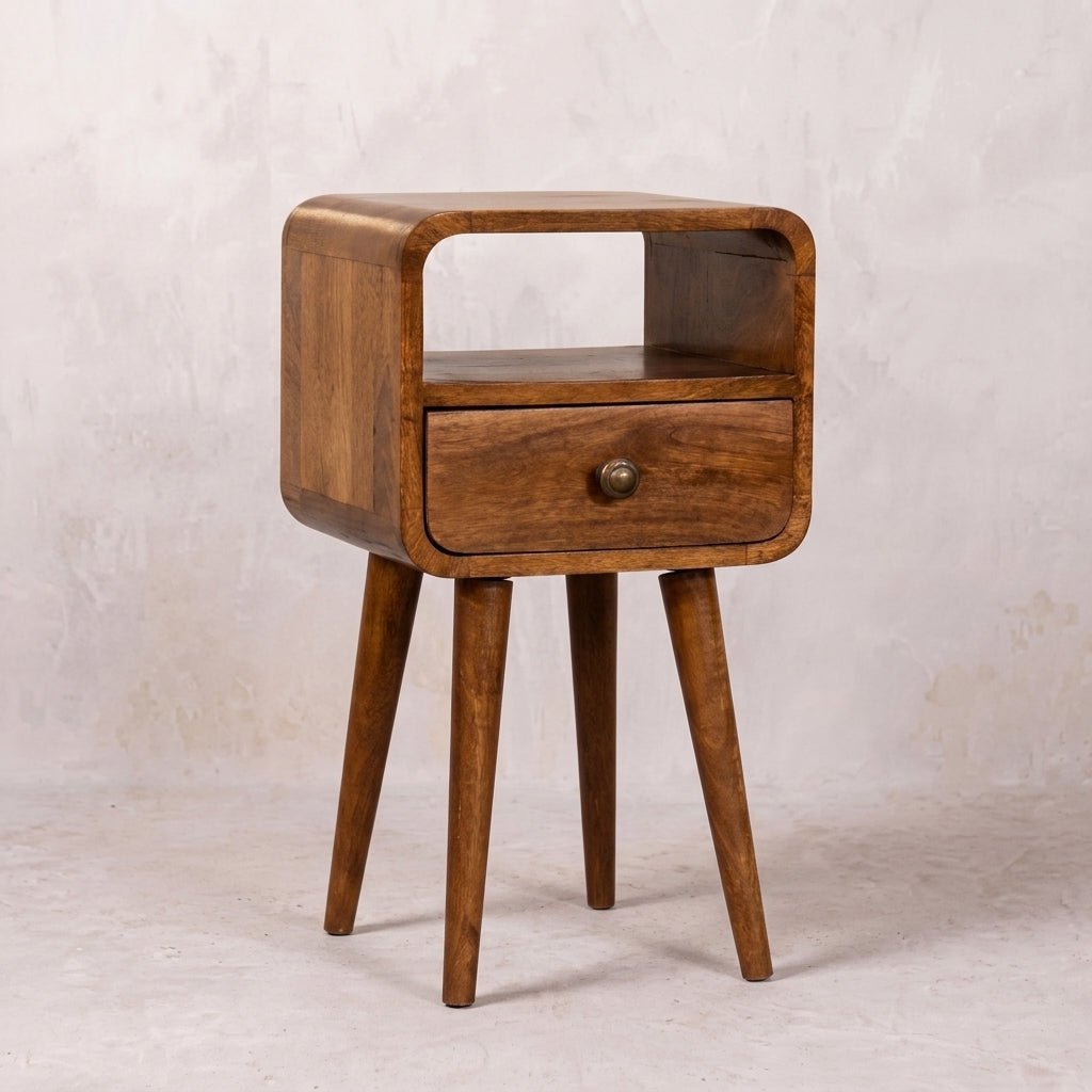 Mini Honey Caramel Curved Bedside with Open Slot