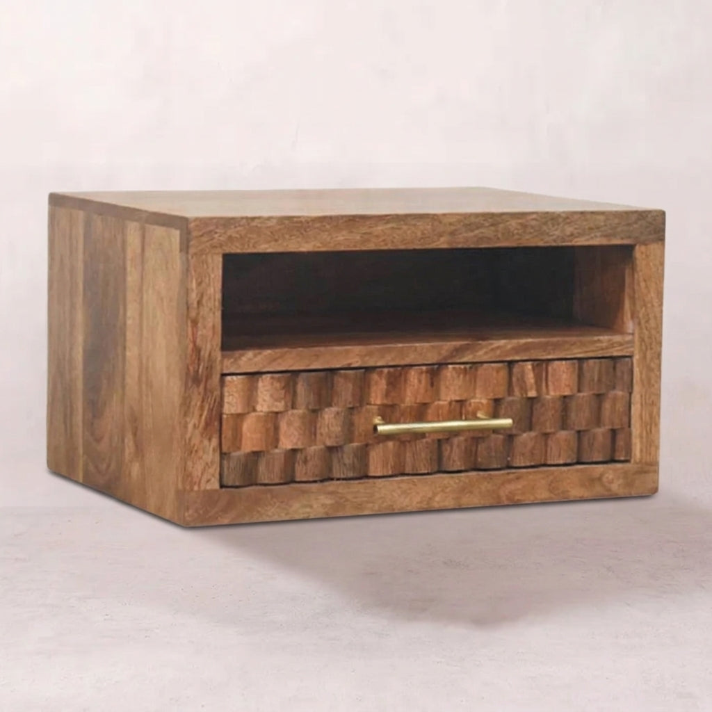 Solid Wood Golden Teak Carved Slot-Drawer Bedside