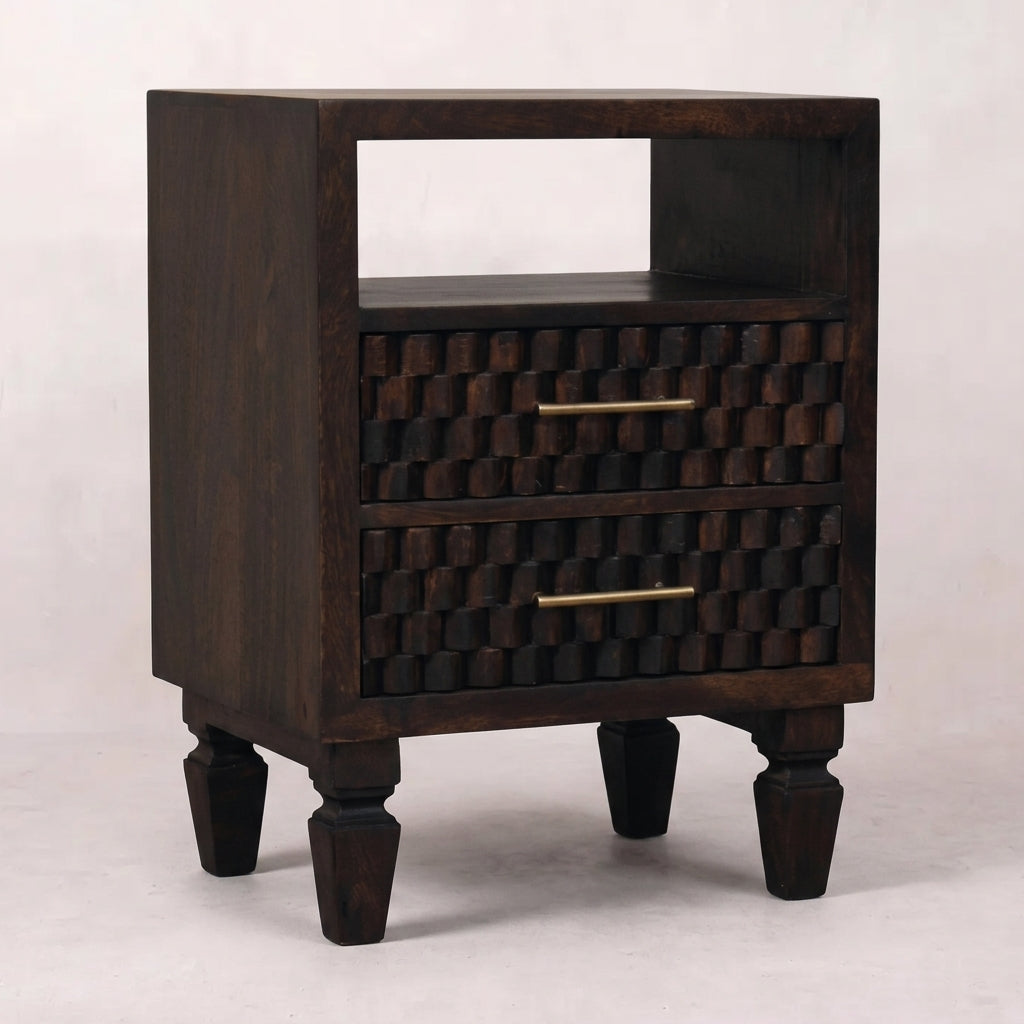 Solid Wood Velvet Mocha Carved Bedside Table