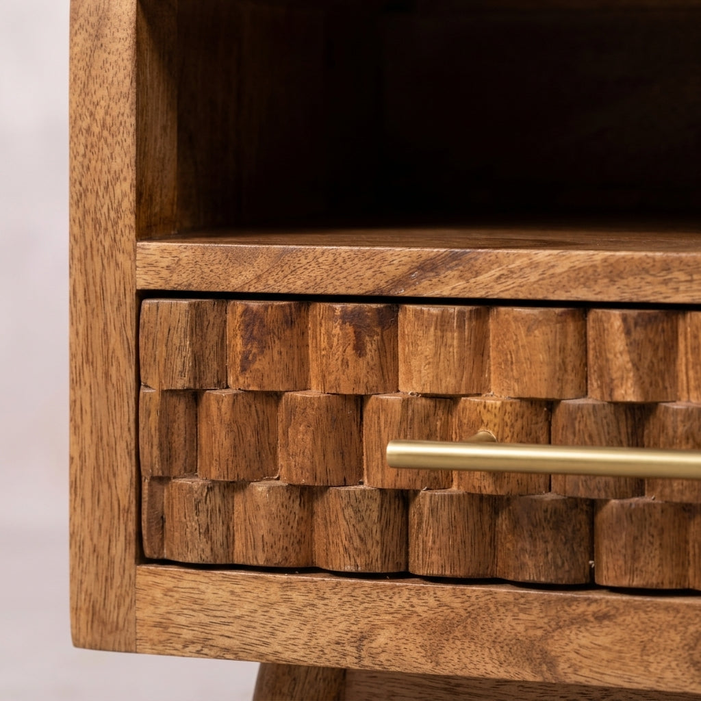 Solid Wood Golden Teak Carved Slot-Drawer Bedside