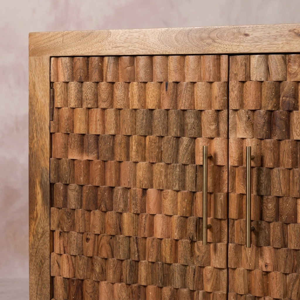 Solid Wood Golden Teak Carved Block Cabinet