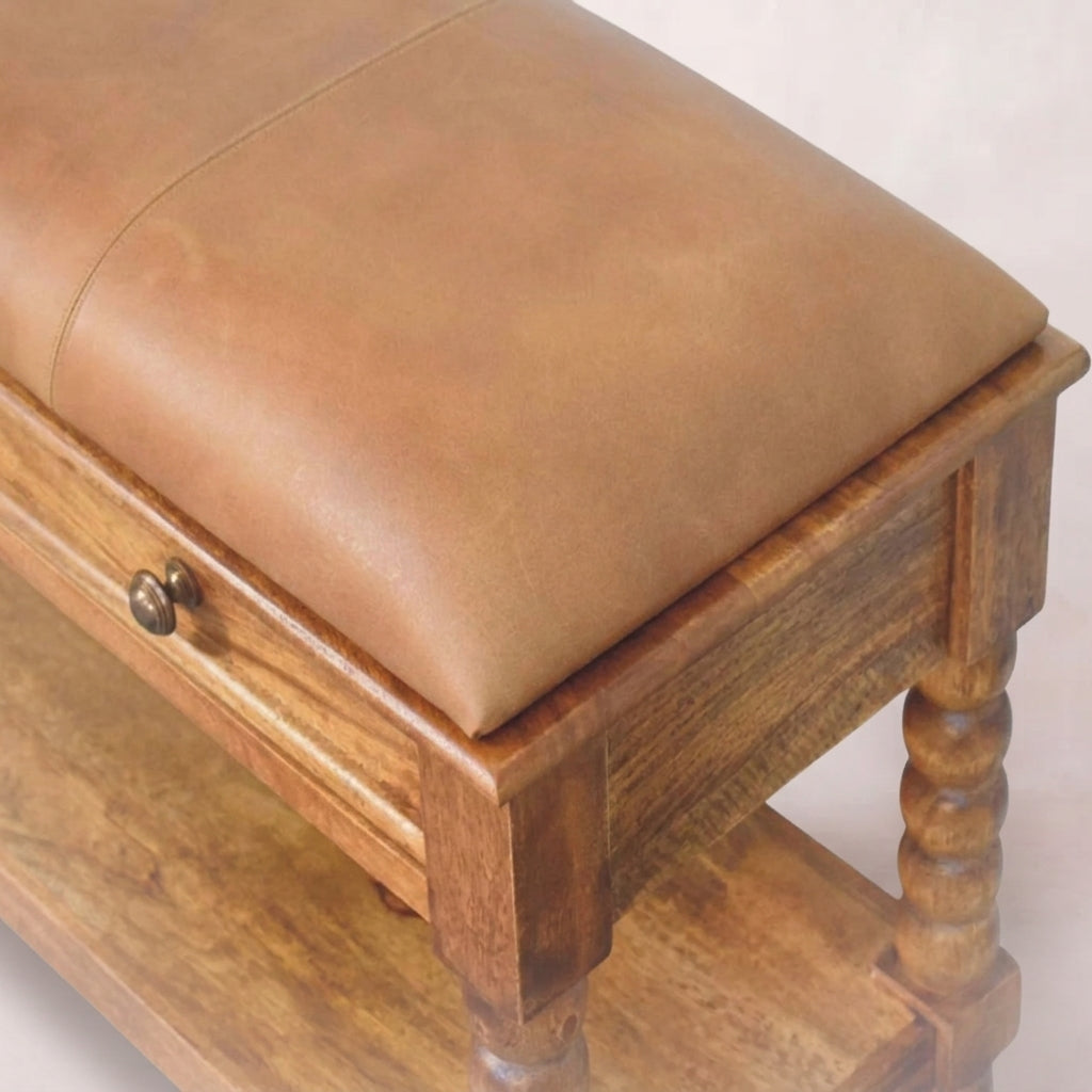 Solid Wood Amber Oak Leather Bench