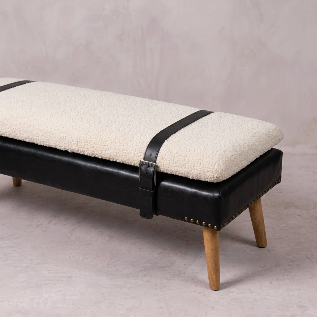 Bouclé Buffalo Hide Black Leather Bench