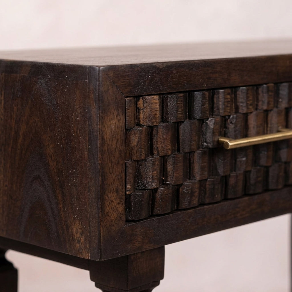 Solid Wood Velvet Mocha Carved Slim Console