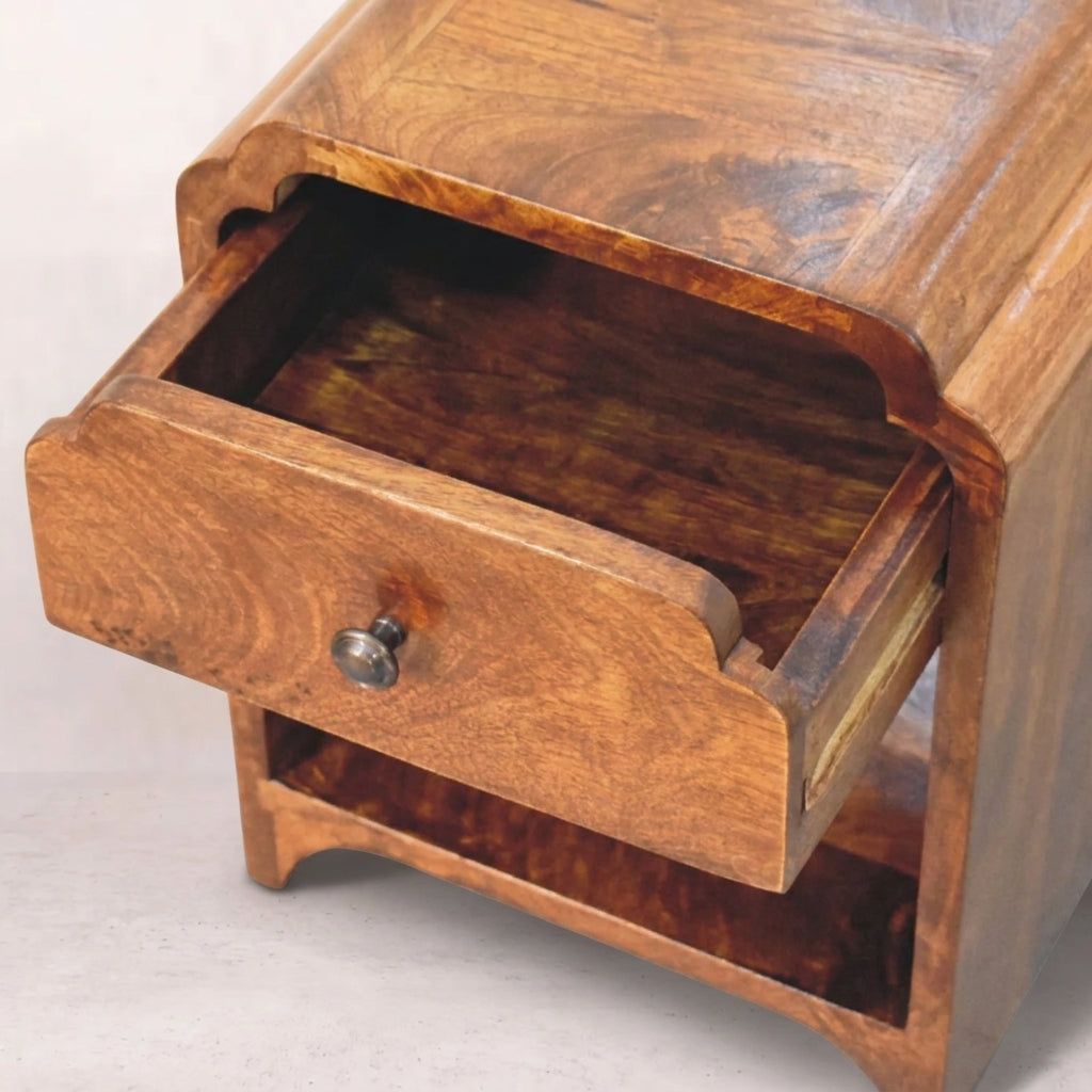 Solid Wood Mini Chestnut Nightstand with a drawer and open shelf