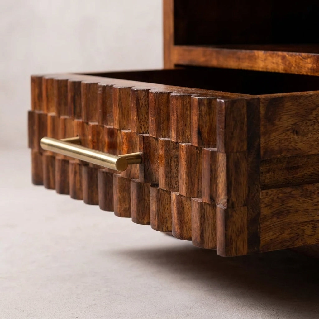 Solid Wood Chestnut Carved Bedside Table