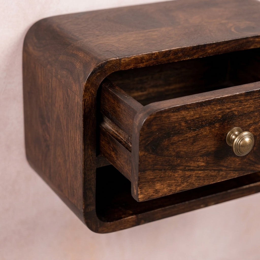 Mini Curved California Walnut Wall Mounted Bedside with Open Slot