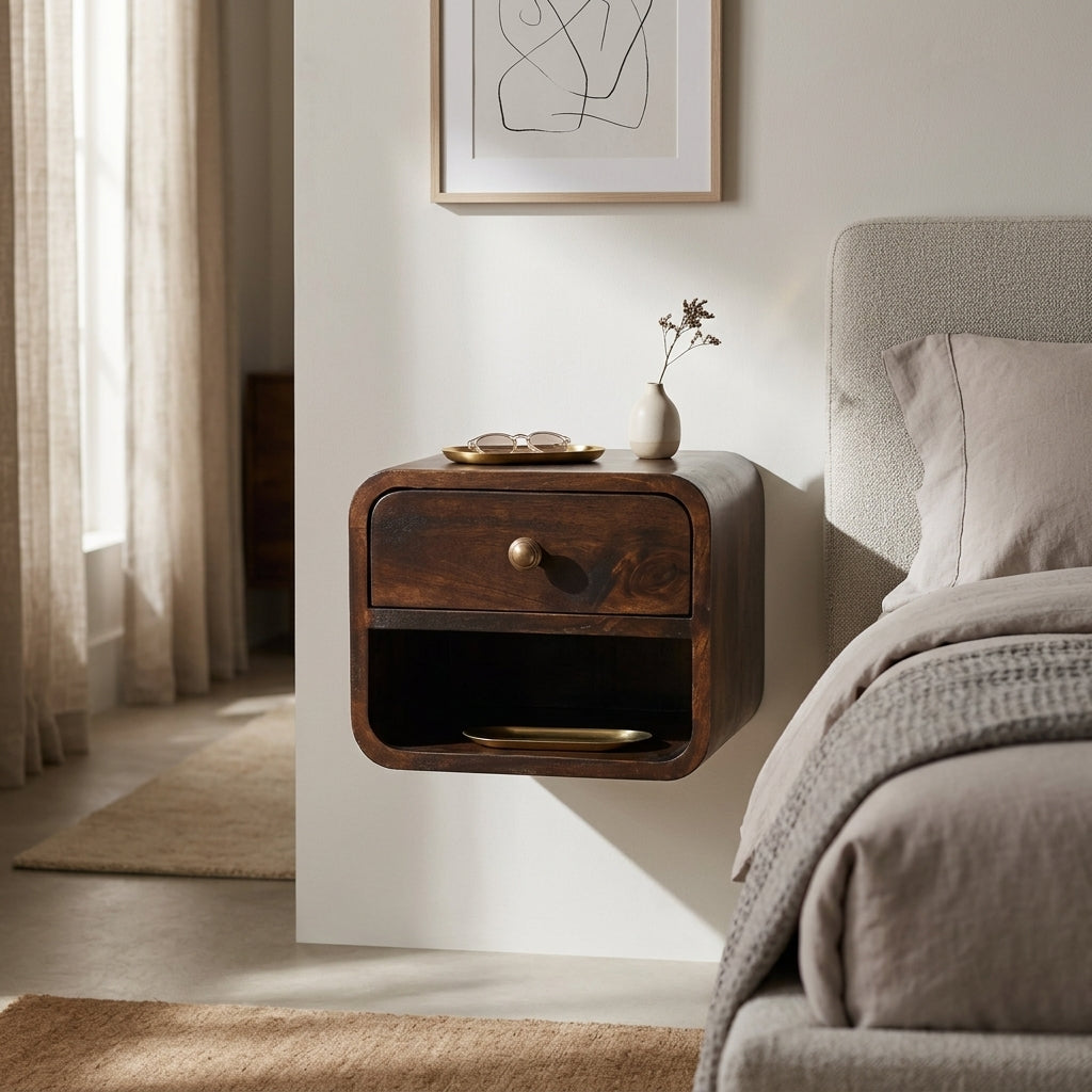 Mini Curved California Walnut Wall Mounted Bedside with Open Slot