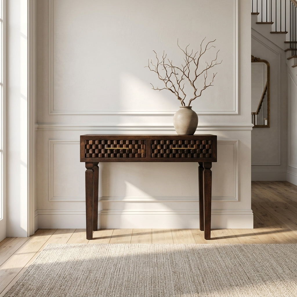 Solid Wood Velvet Mocha Carved Slim Console