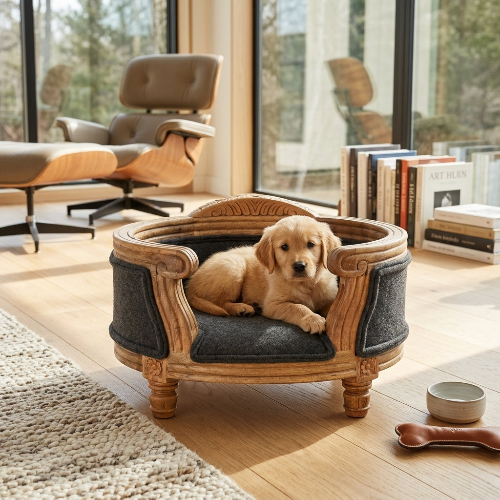 Carved Battleship Tweed Pet Bed