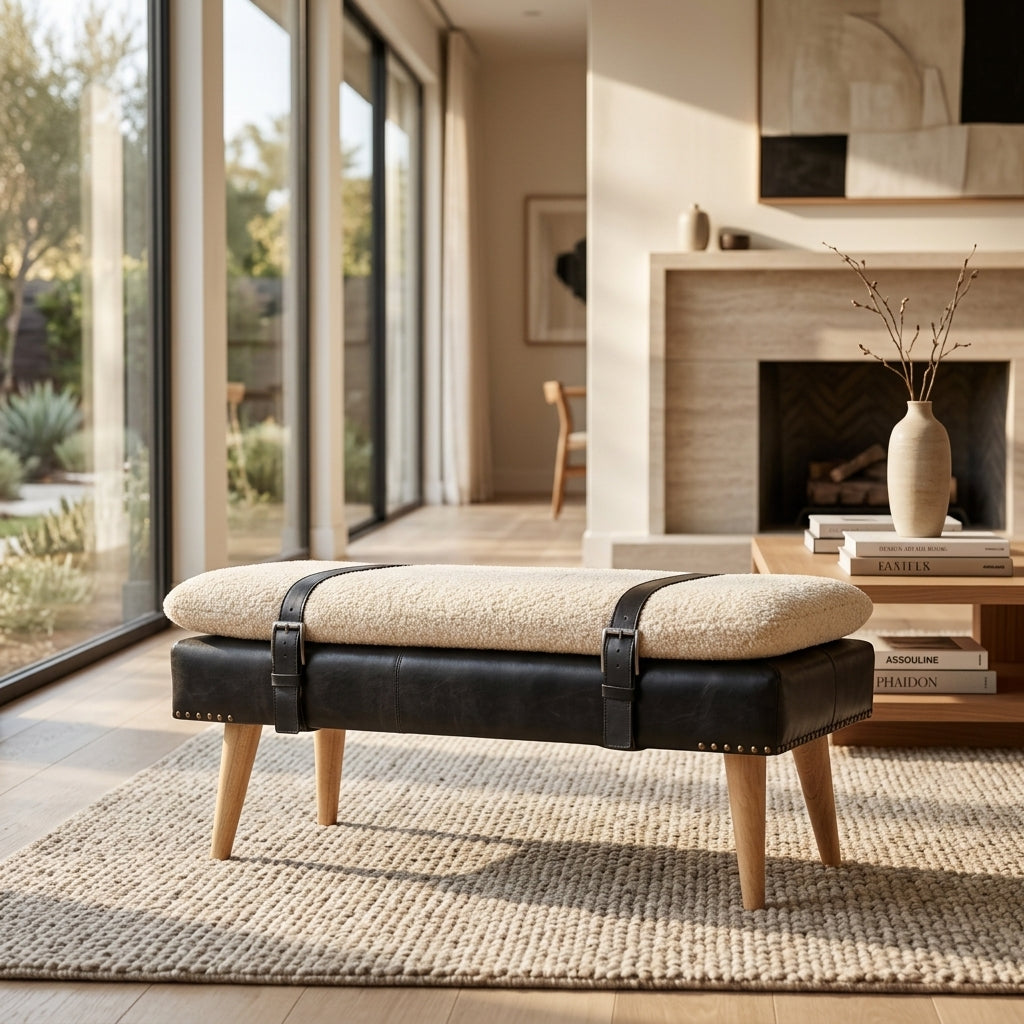 Bouclé Buffalo Hide Black Leather Bench