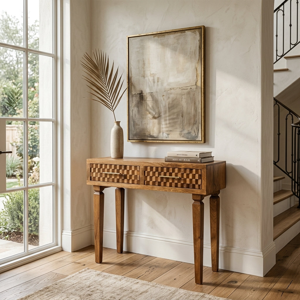 Solid Wood Golden Teak Carved Twin-Drawer Console