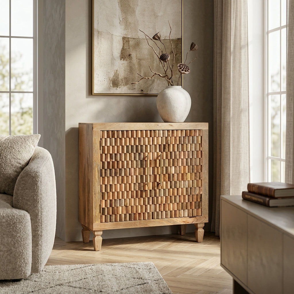 Solid Wood Golden Teak Carved Block Cabinet