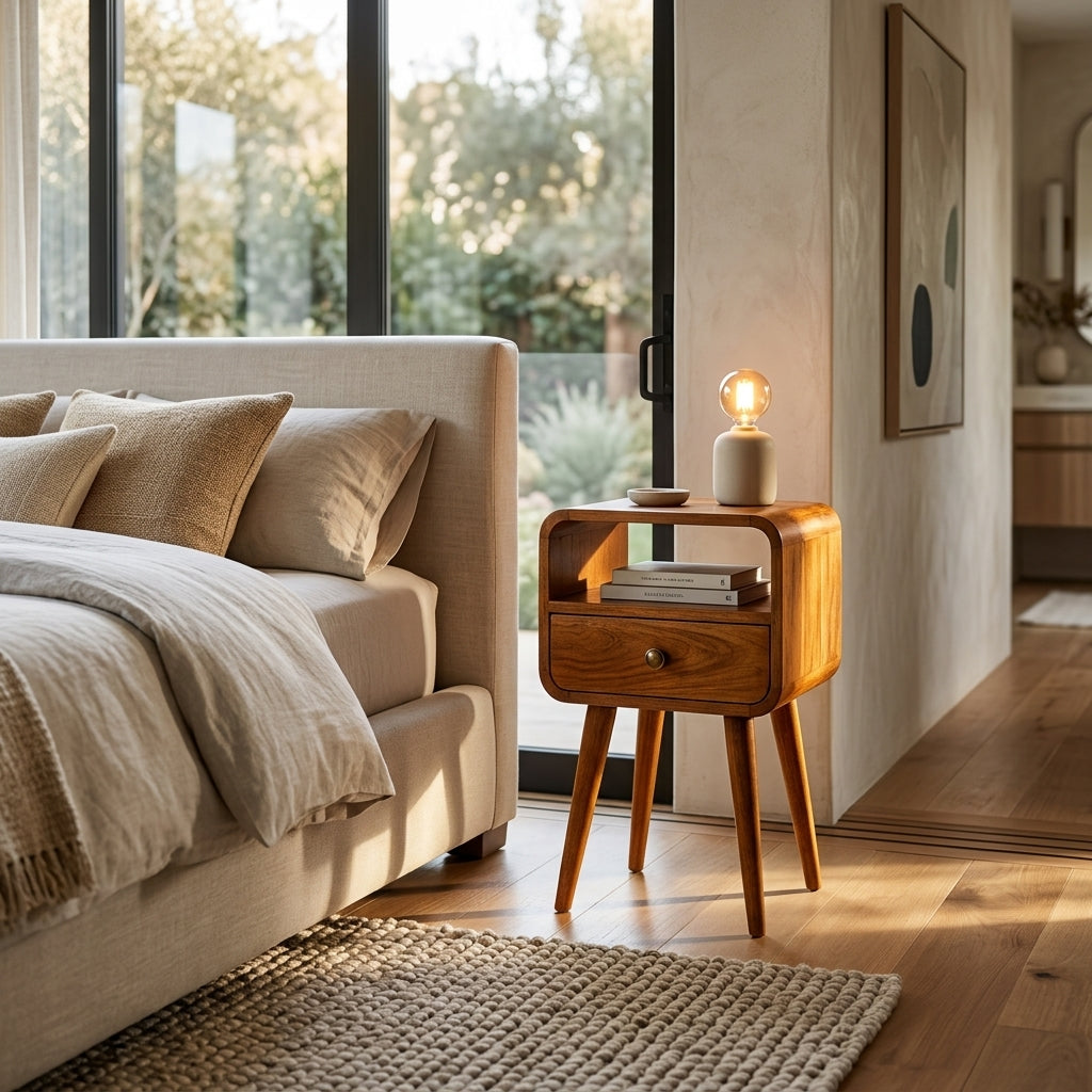 Mini Honey Caramel Curved Bedside with Open Slot
