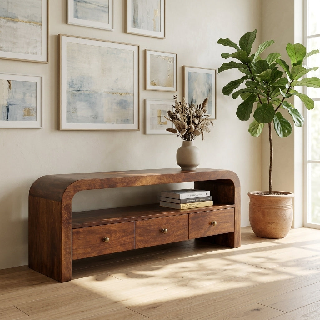 Solid Wood 3 drawer Open Shelf Chestnut Media unit