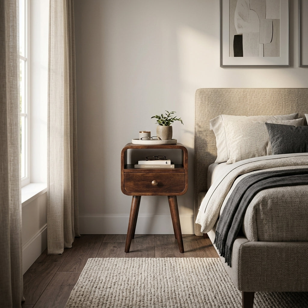 Mini California Walnut Curved Bedside with Open Slot