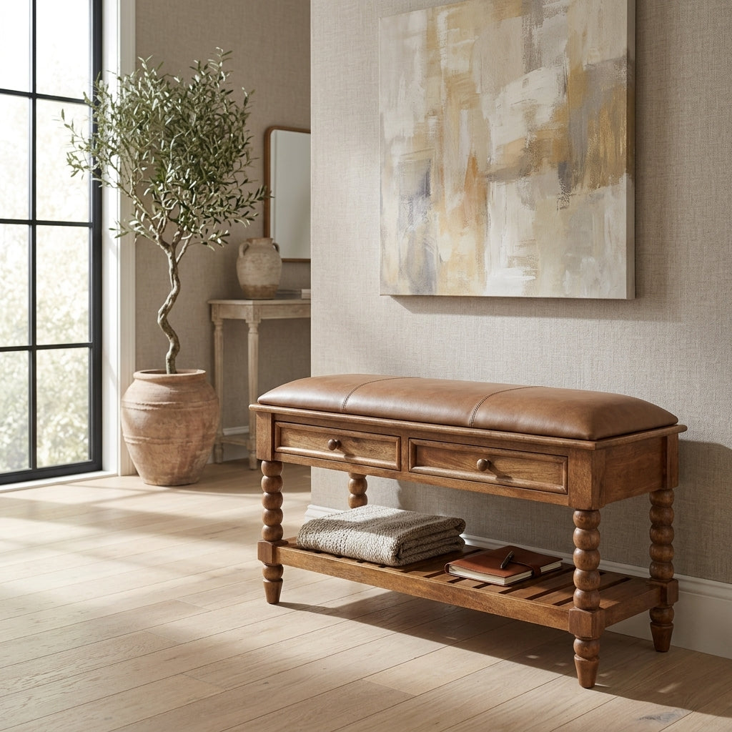 Solid Wood Amber Oak Leather Bench