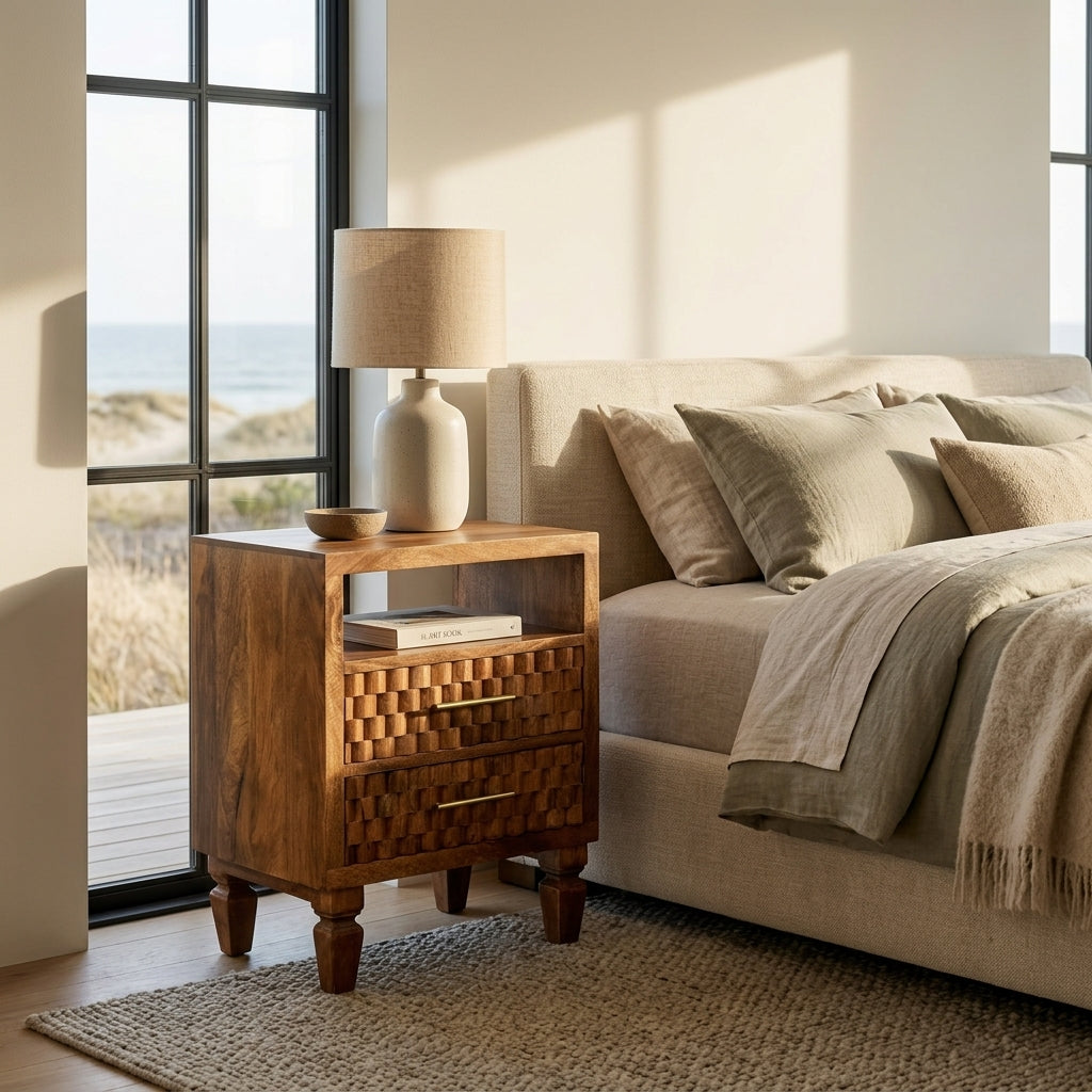 Solid Wood Golden Teak Carved Open-Shelf Bedside