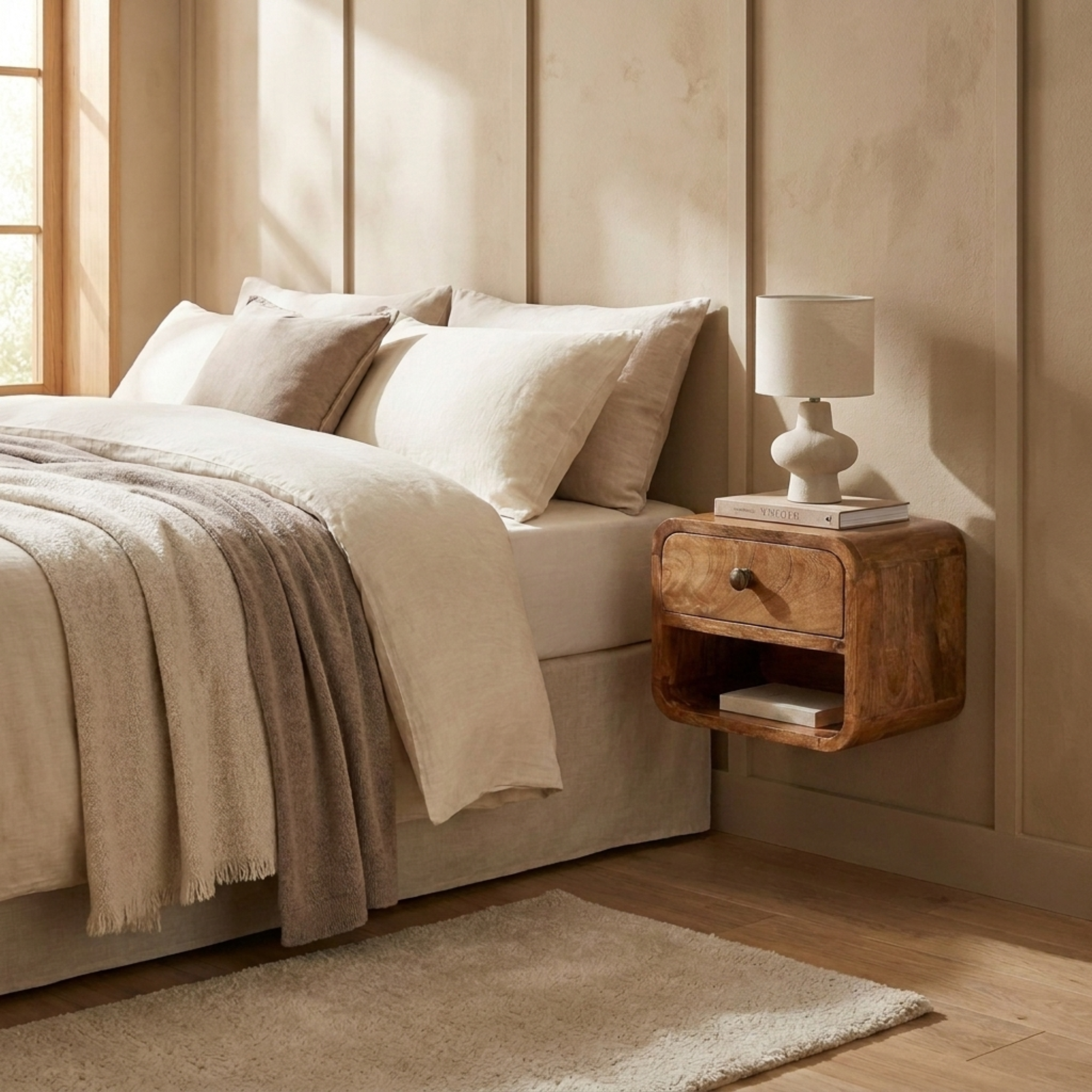 Mini Honey Caramel Wall Mounted Bedside with Open Slot