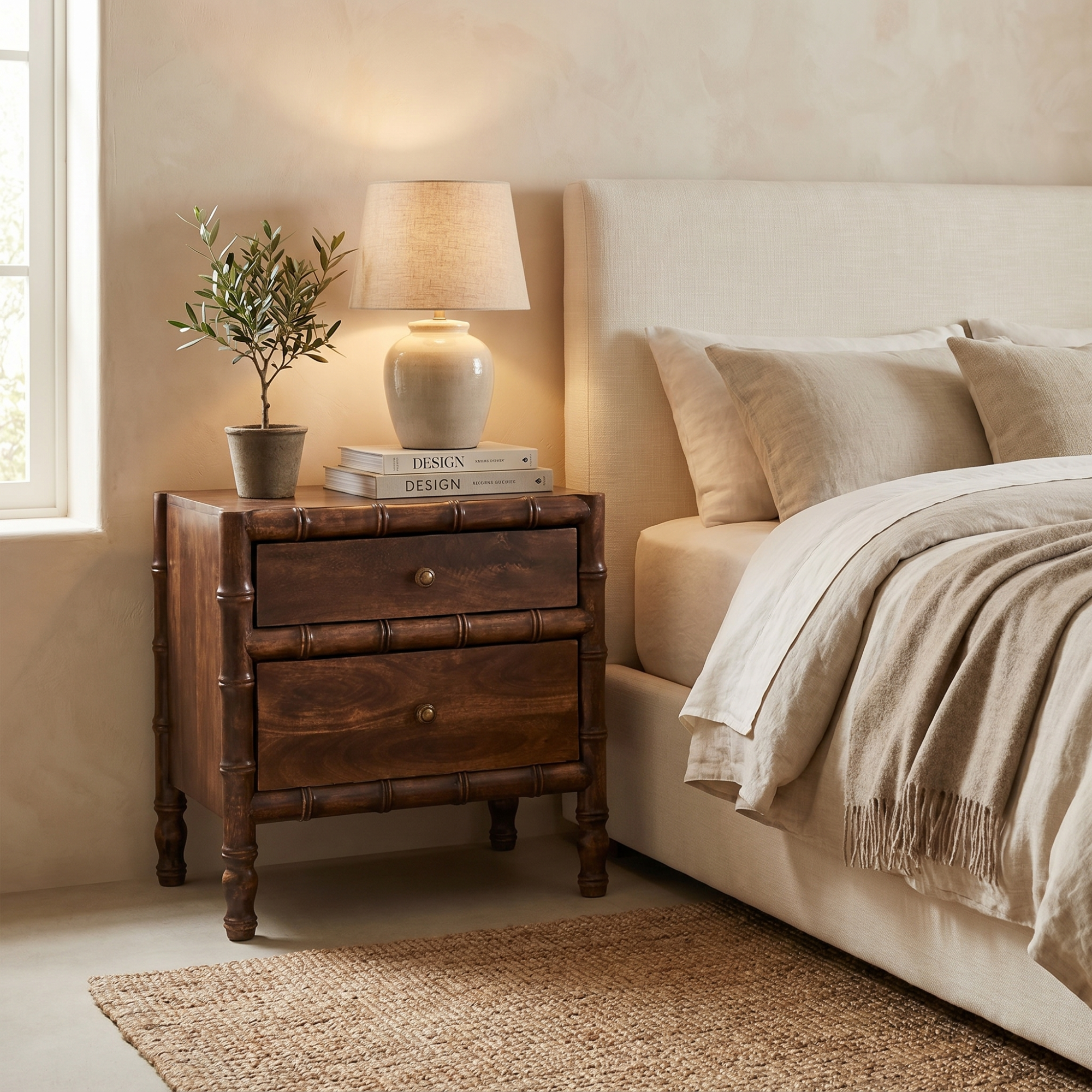 Faux-Bamboo Nightstand - Solid Mango Wood