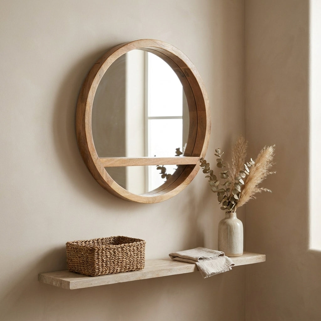 Wooden Round Mirror with 1 Shelf