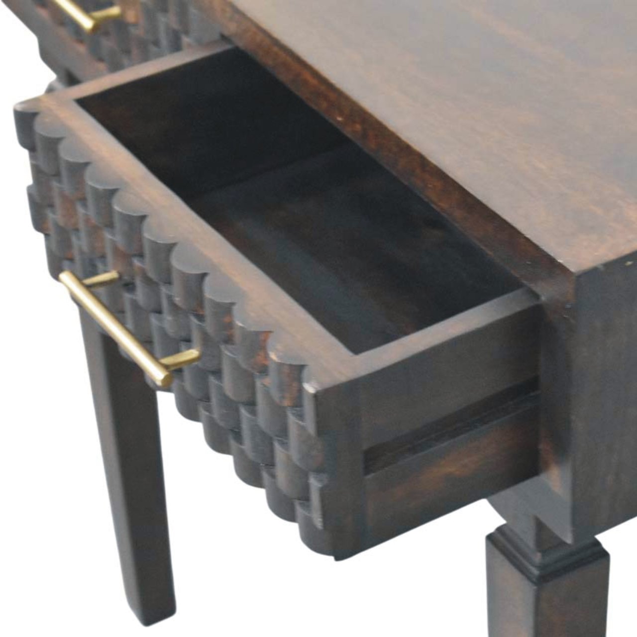 Solid Wood Velvet Mocha Carved Slim Console