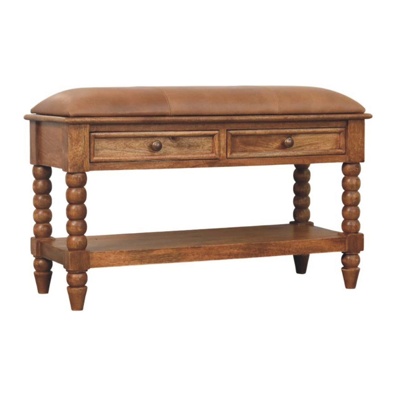 Vintage Spindle Amber Oak Leather Bench