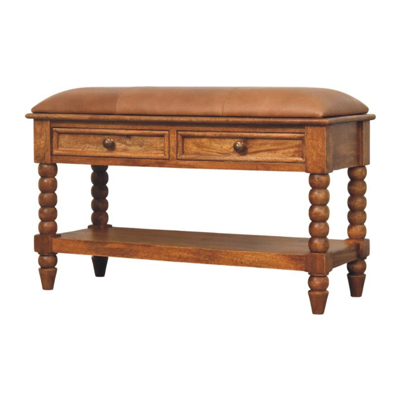 Vintage Spindle Amber Oak Leather Bench