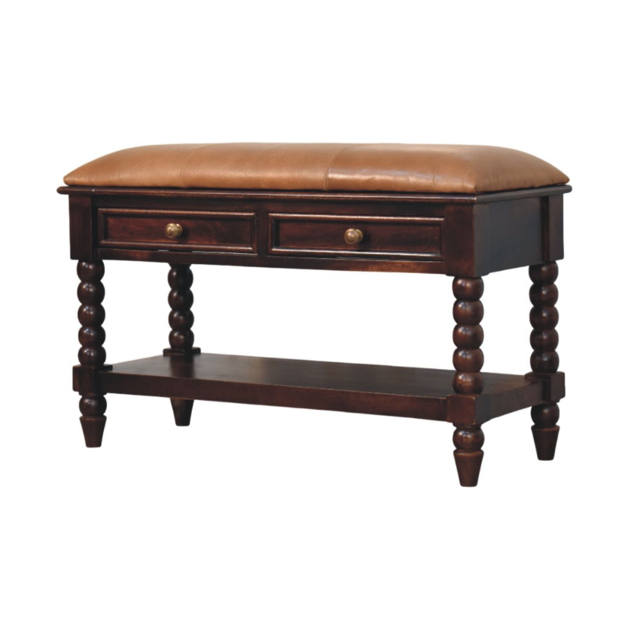 Vintage Spindle Winewood Oak Leather Bench