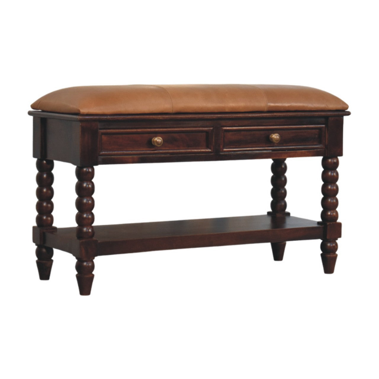 Vintage Spindle Winewood Oak Leather Bench