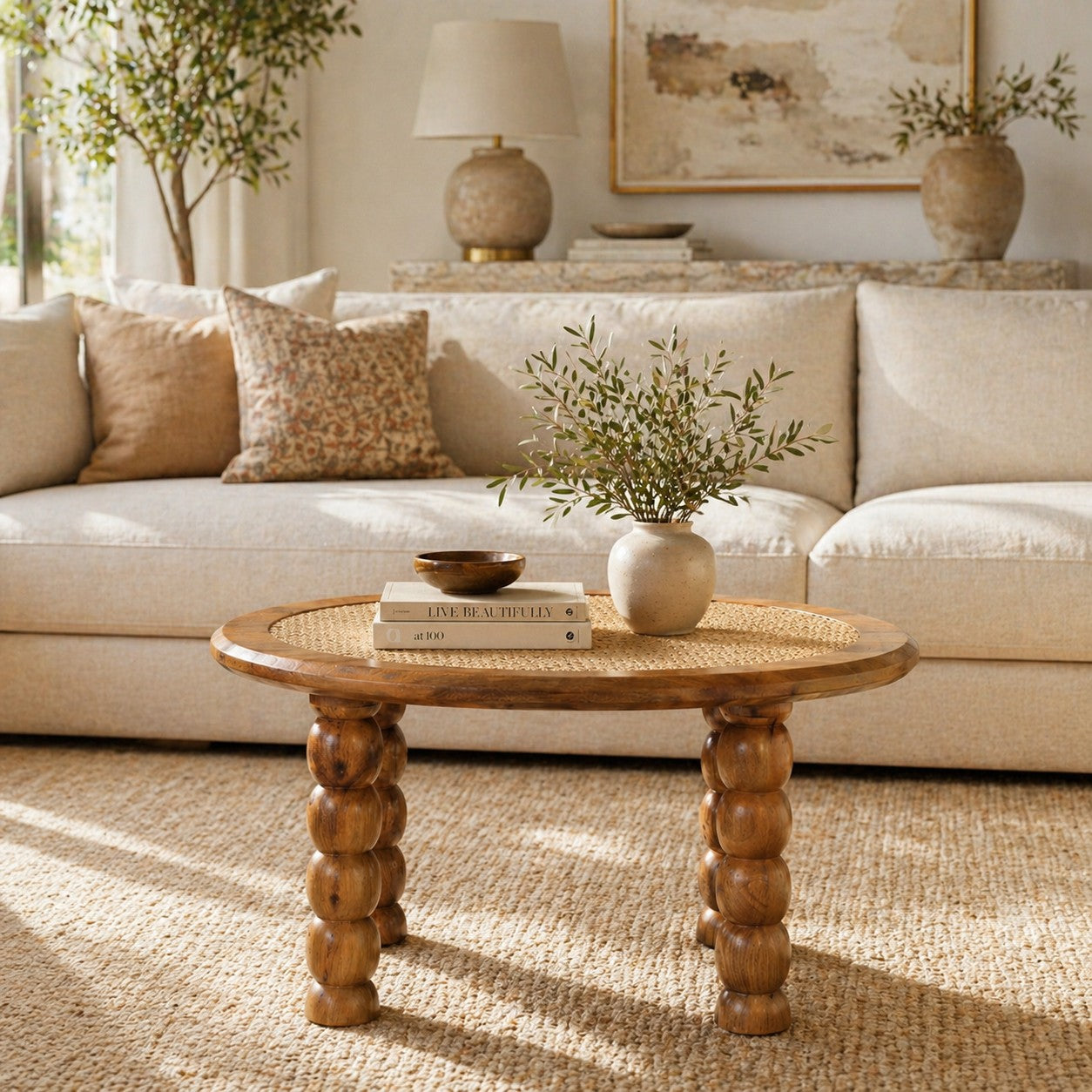 Living room with a beige sofa, wooden coffee table, and decorative items.