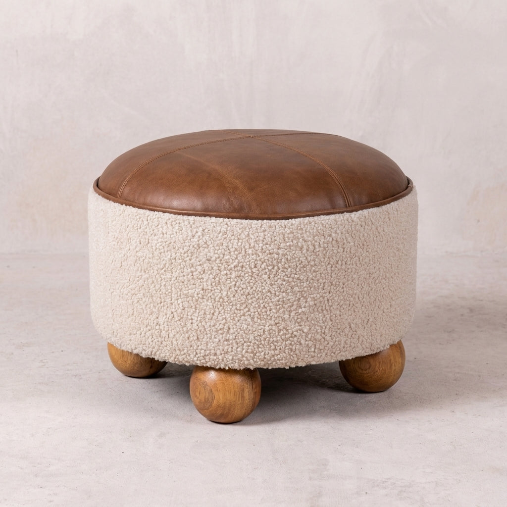 Oak-Ish Solid Wood Cream Boucle Buffalo Footstool