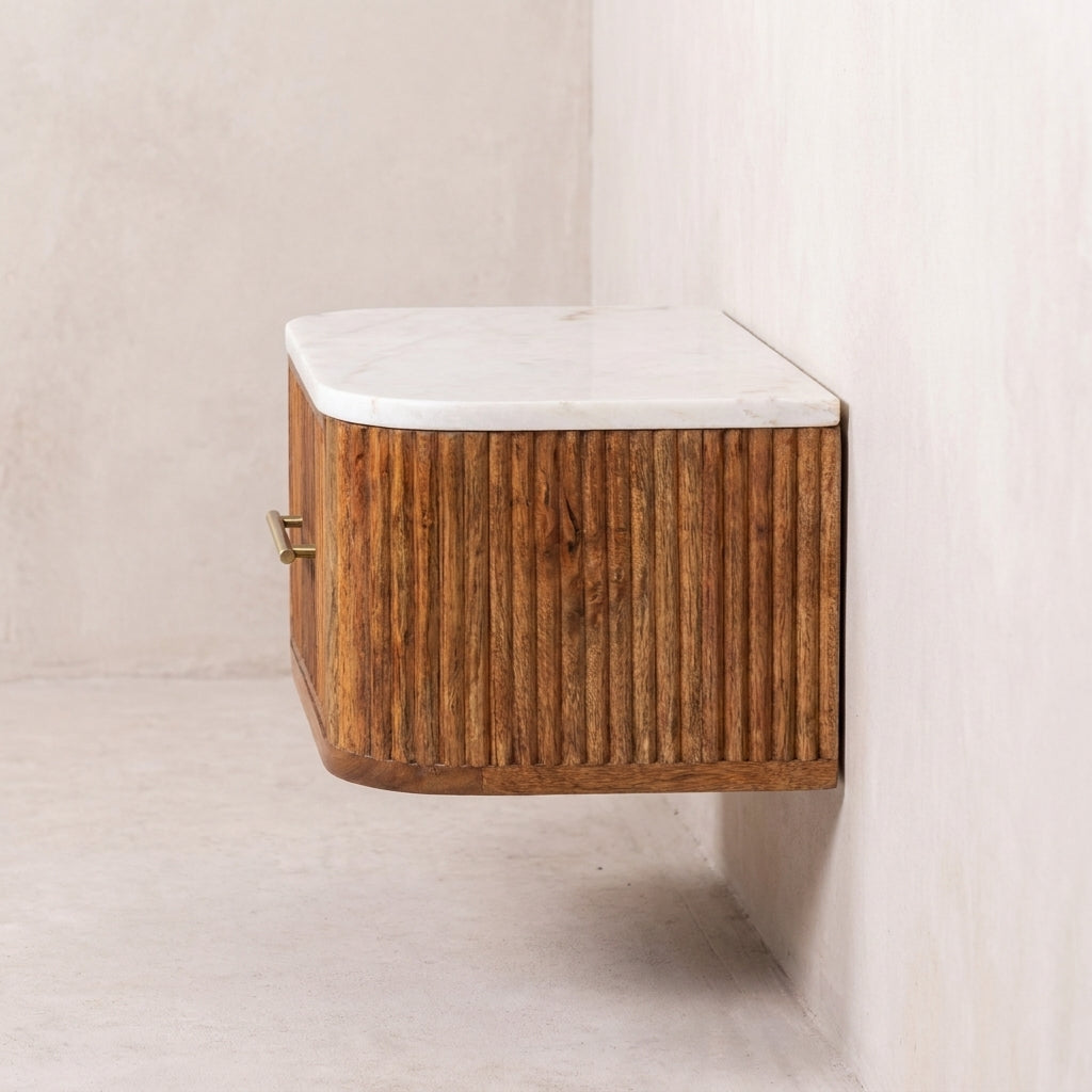 Golden Teak Solid Wood Marble Top Floating Nightstand