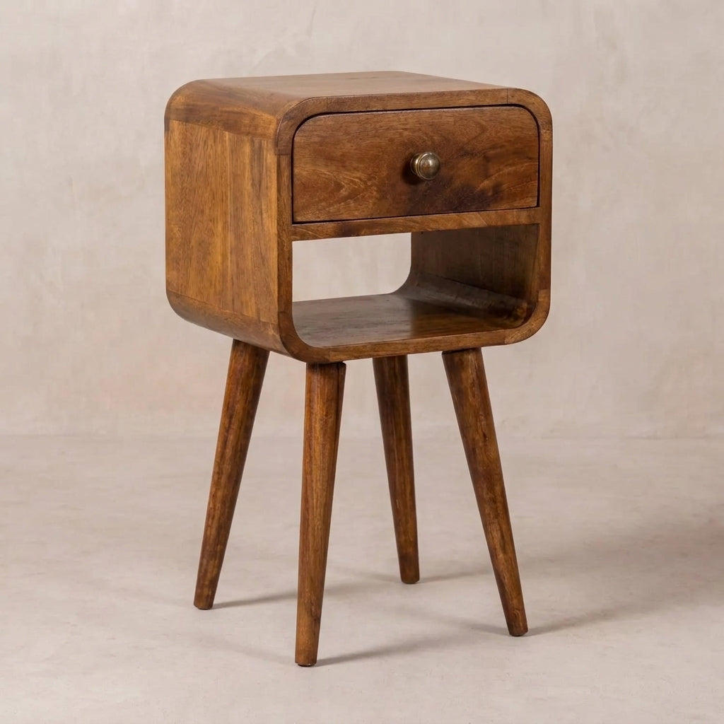 Mini Honey Caramel Curved Nightstand with Lower Slot