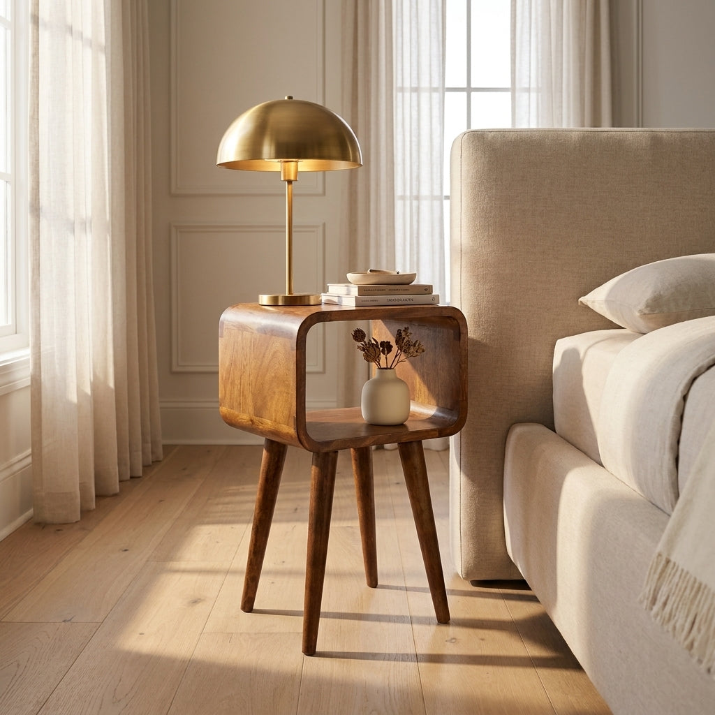 Honey Caramel Solid Wood Mini Curved Open Nightstand