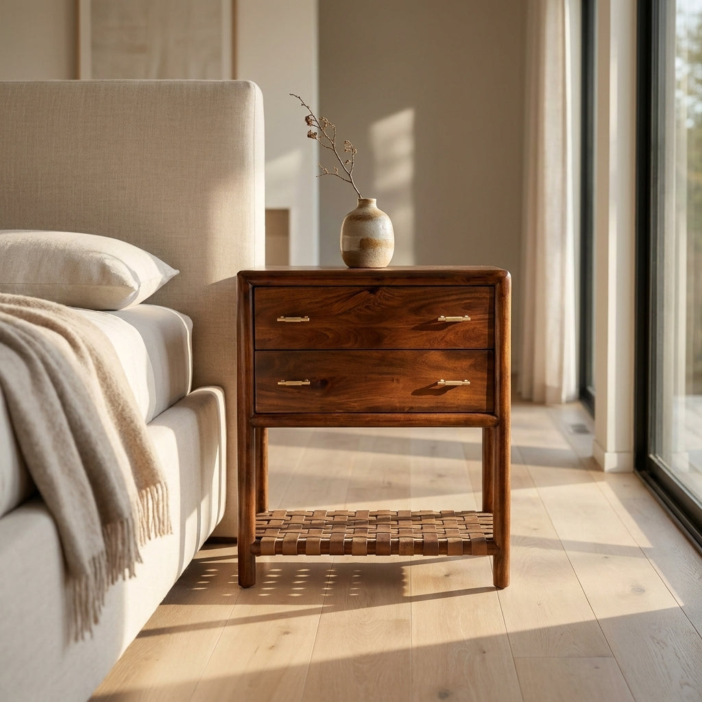 Chestnut Solid Wood Woven 2-Drawer Nightstand