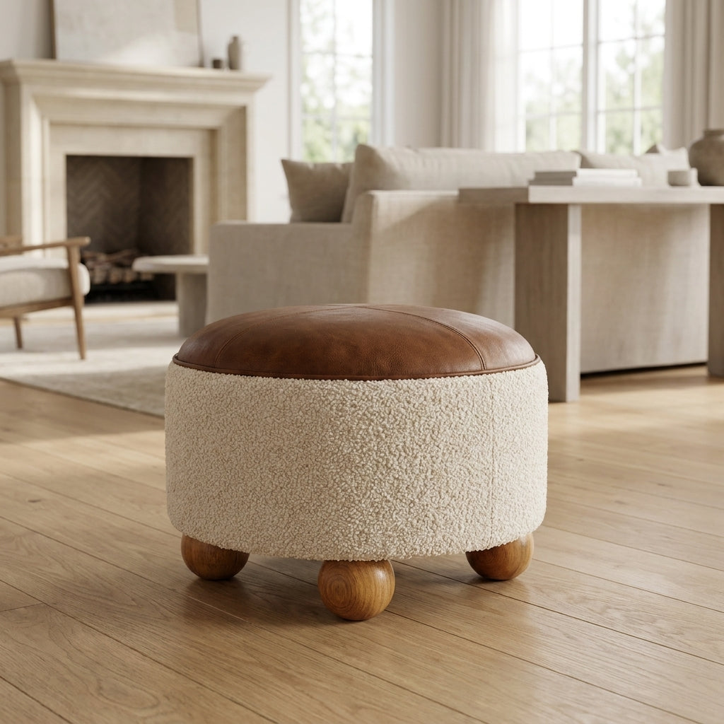 Oak-Ish Solid Wood Cream Boucle Buffalo Footstool