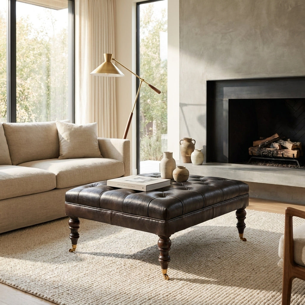 Walnut Solid Wood Black Leather Ottoman with Castor Legs