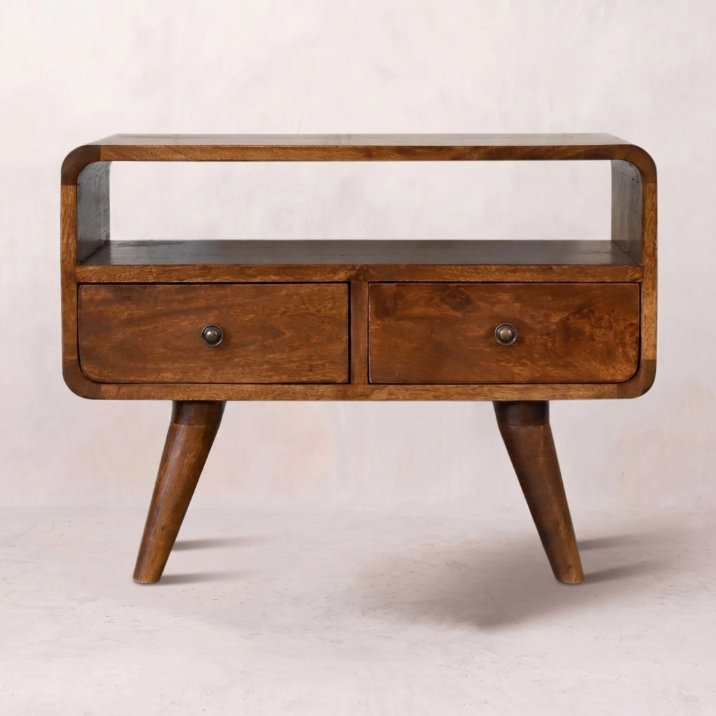 Chestnut Mini Solid Wood Curved Media Unit with 2 Drawers