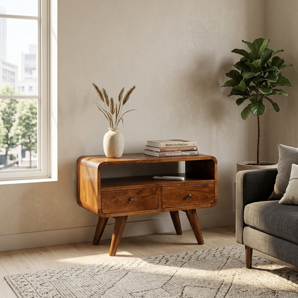 Chestnut Mini Solid Wood Curved Media Unit with 2 Drawers